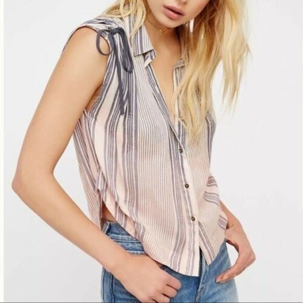 Free People Baby Blues Striped Ombre Dip Dye Button Front Top Sleeveless